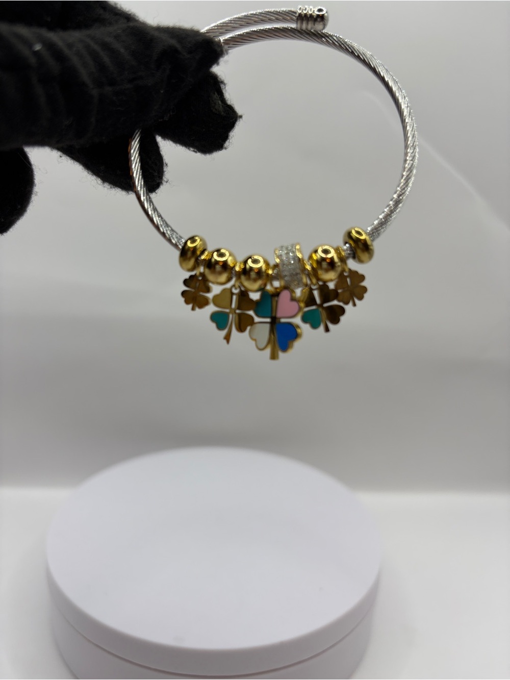 Gold- Sliver Four-Leaf Clover Charm Bangle with Multicolor Enamel Accents